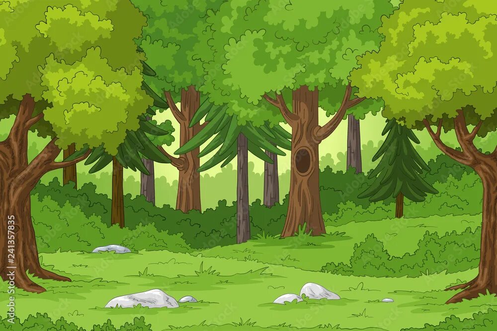 Картинка лес без животных для детей Forest landscape with stones, hand draw illustration Векторный объект Stock Adob