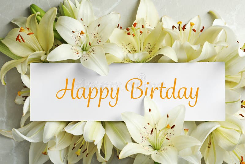 Картинка лиля с днем рождения женщине Composition of Lily Flowers and Card with Greeting HAPPY BIRTHDAY Stock Photo - 