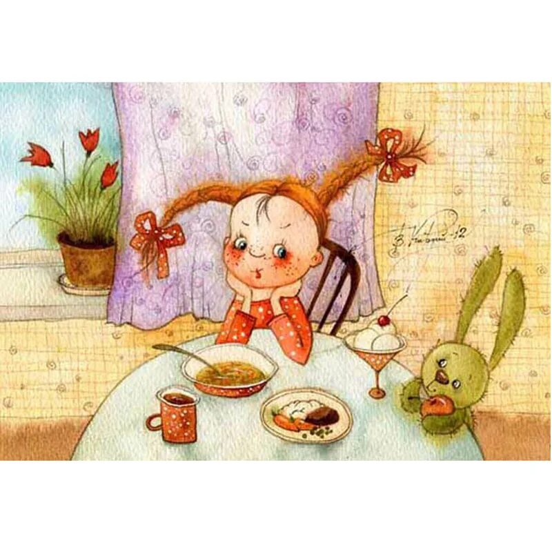 Картинка мультяшная с добром утром 5D DIY Diamond Painting Cross Stitch Kits Cartoon Girl Eat Diamond Stick Full Dr