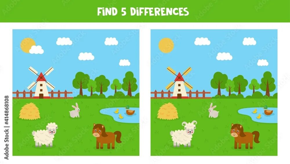Картинка найди 5 животных Find 5 differences between farm pictures. Game for kids. Векторный объект Stock 