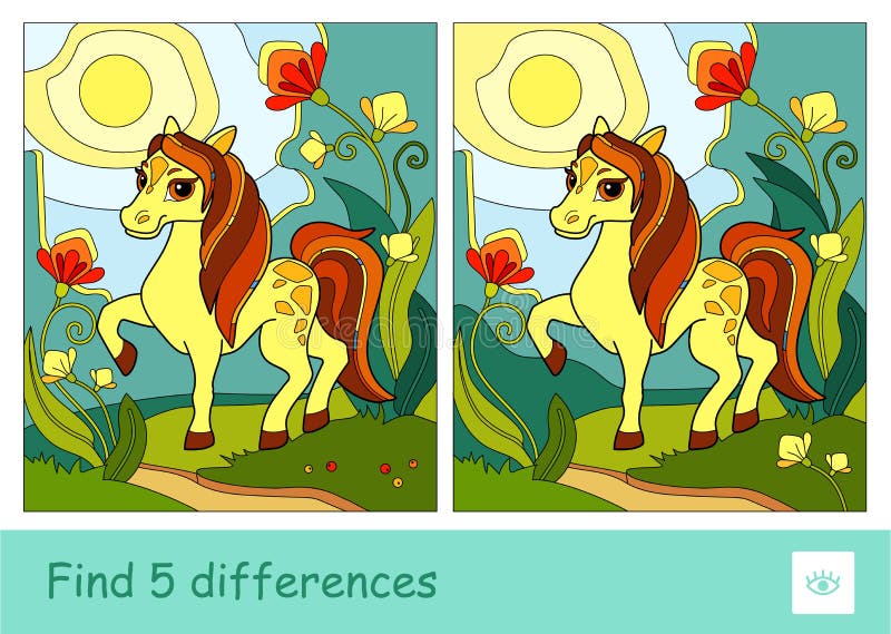 Картинка найди 5 животных Find Five Differences Quiz Learning Children Game with a Skewbald Horse in the M