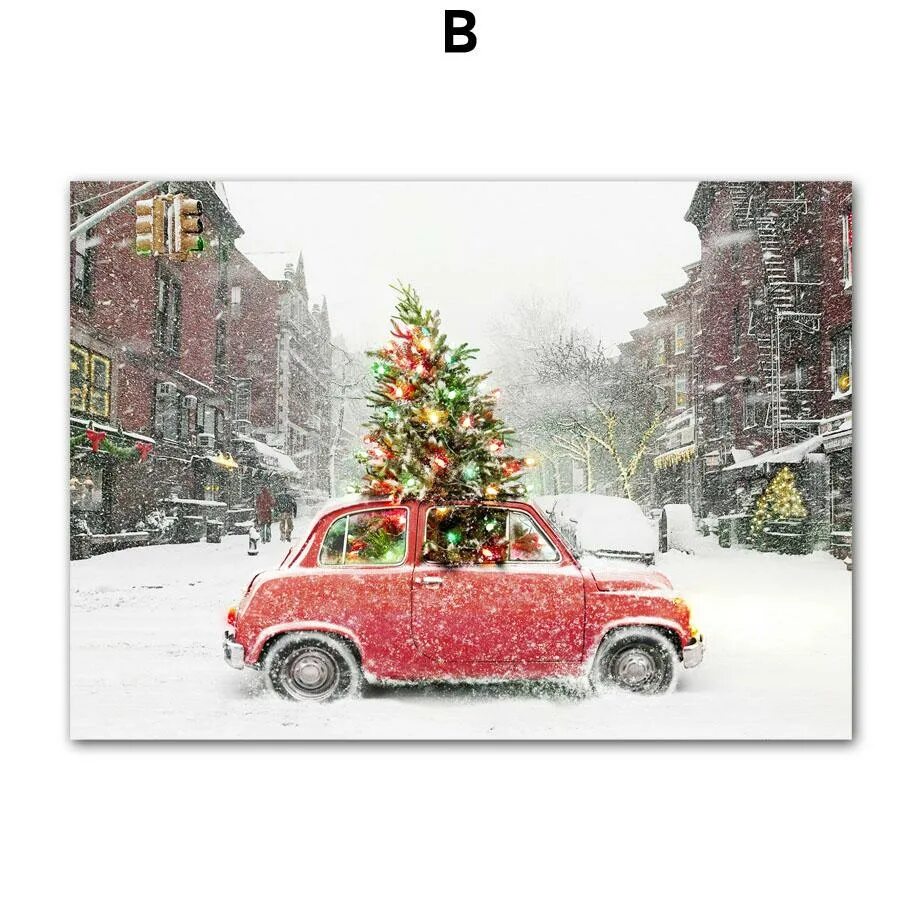 Картинка новый год автомобиль Wall Art Paintings Vintage Red Cars Christmas Candy Santa Claus Living Room Post