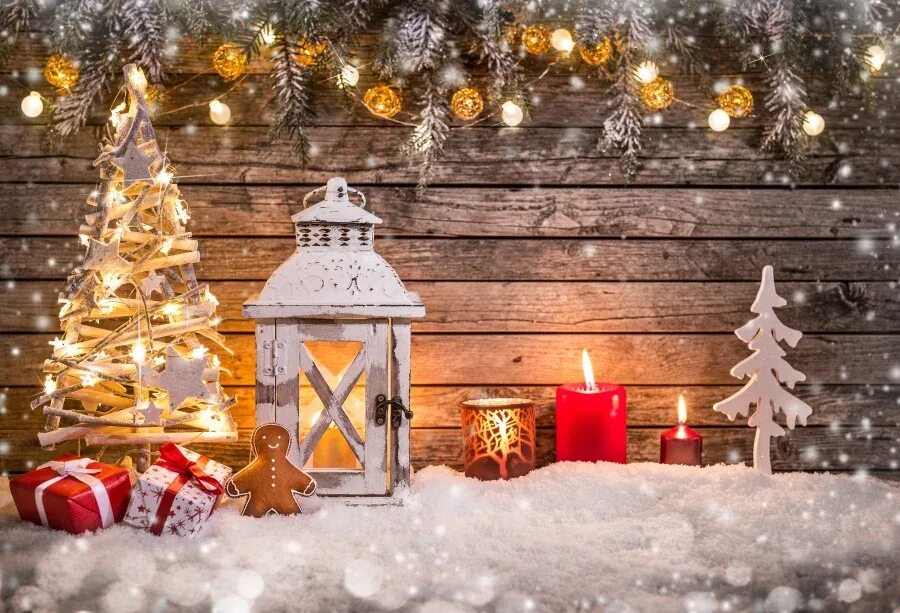 Картинка перед новым годом Laeacco Christmas Wooden Board Snow Light Bokeh Baby Photography Background Cust