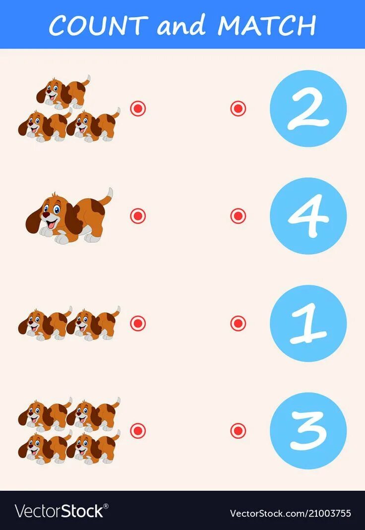 Картинка посчитай животных Count and match dog cartoon vector image on Fiches de travail pour maternelles, 