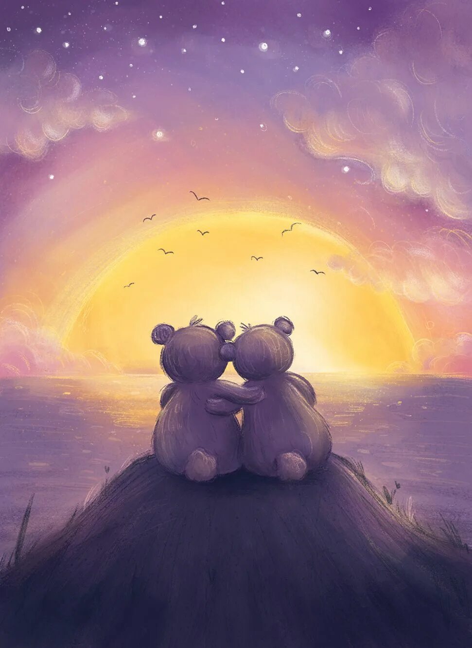 Картинка позитивная спокойной ночи мужчине Anna Emilia - sunset Illustration, Storybook art, Bear paintings