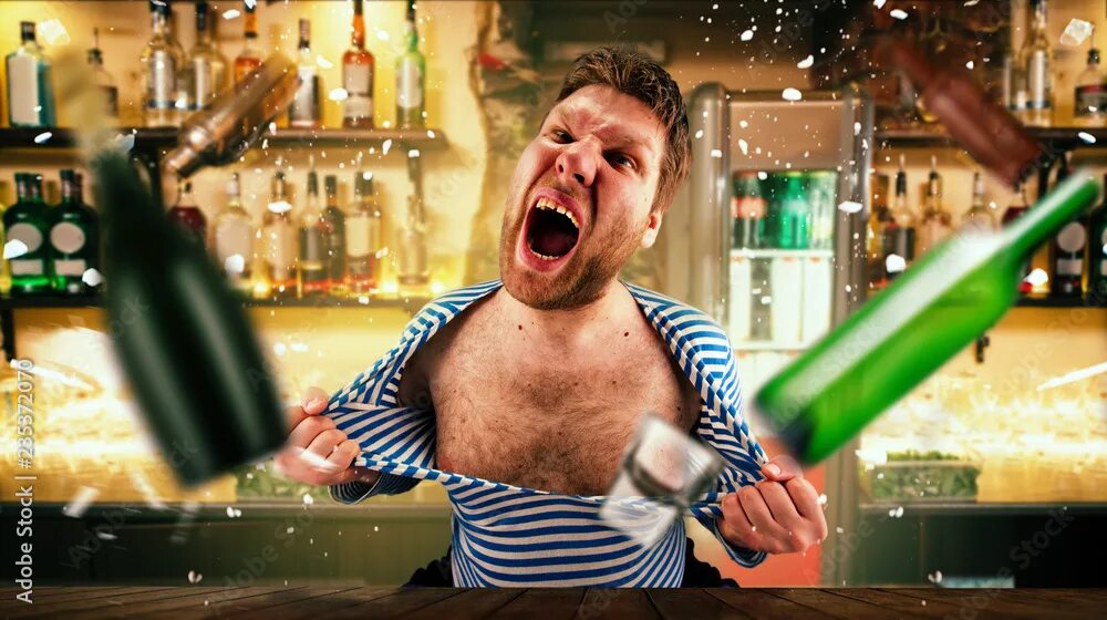Картинка пьяного со стаканом с утра прикольные Drunk bartender tears his vest at the bar counter Stock Photo Adobe Stock