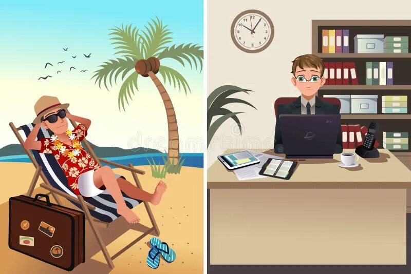 Картинка работник в отпуске People Going To Work and Vacation Concept Stock Vector - Illustration of indoor,