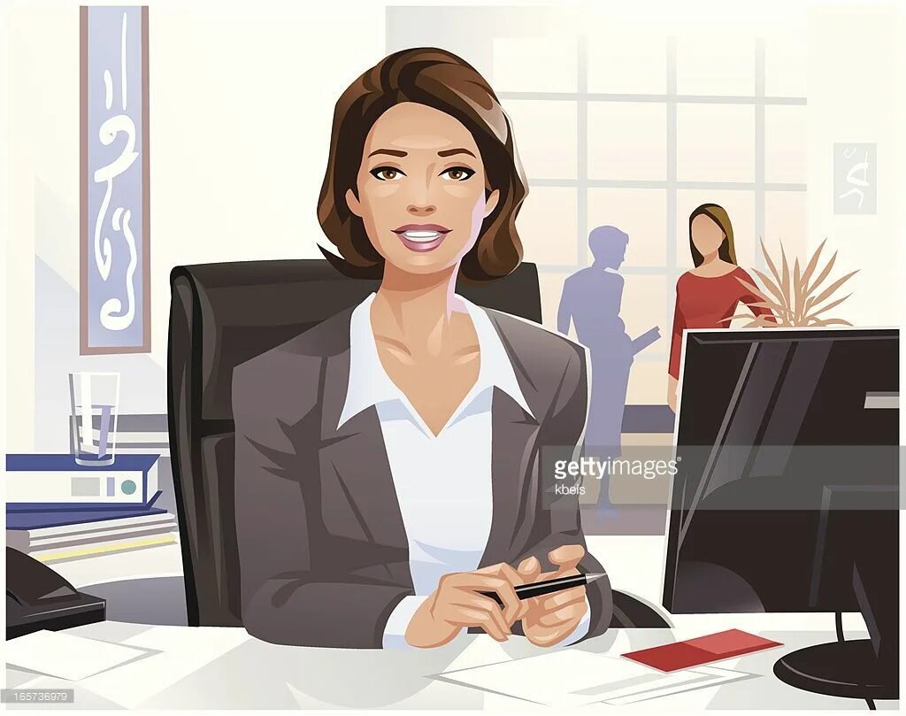 Картинка работника Illlustration of a attractive dark-haired businesswoman sitting in an... Busines