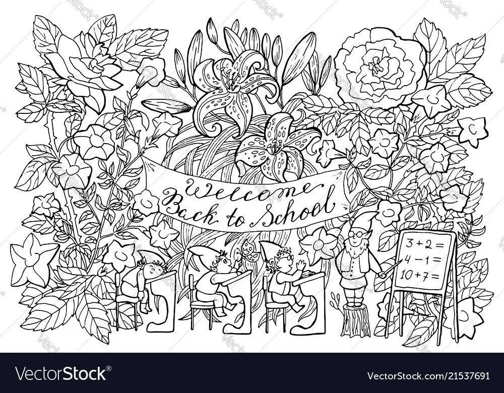 Картинка раскраска с днем учителя красивая Black and white with little gnomes Royalty Free Vector Image