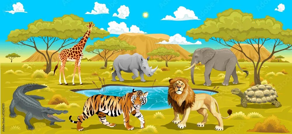 Картинка растения и животные для детей African landscape with animals. Векторный объект Stock Adobe Stock