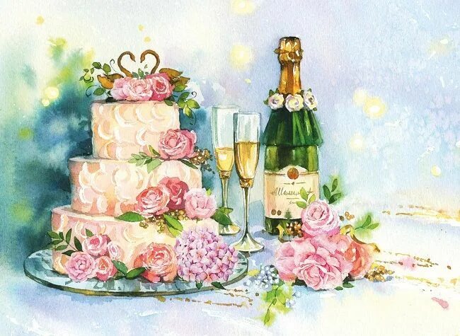 Картинка рисованная с днем рождения женщине Wedding / Cake / Pastry / Champagne / Postcards / Flowers / Postcrossing / Evgen