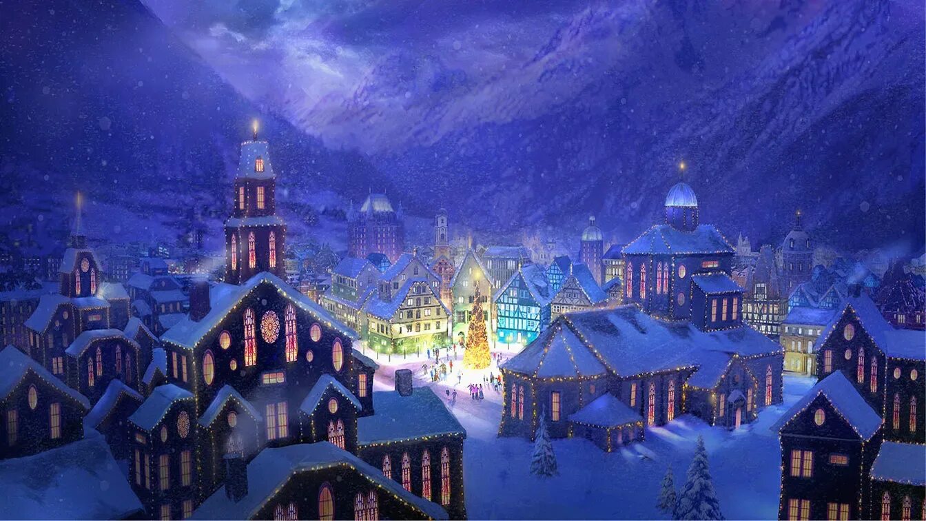 Картинка рождества фон Christmas Village Cottage Night Snow Backdrops High Quality Computer Print Party
