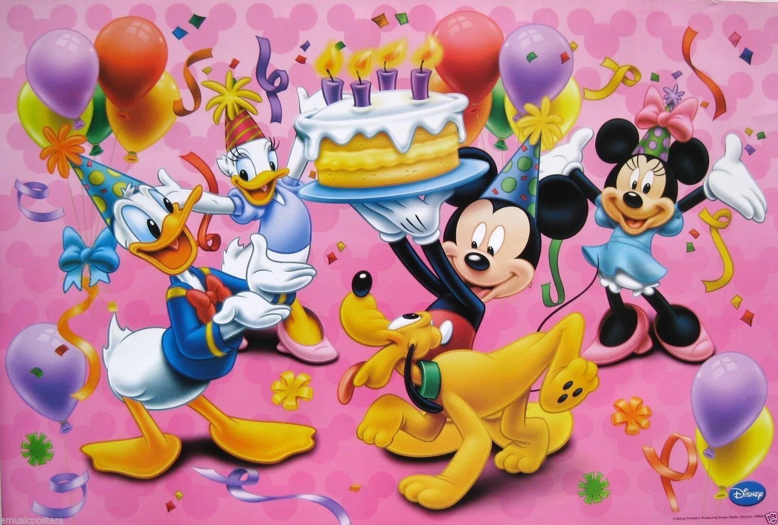 Картинка с днем рождения 3 DISNEY "MICKEY MOUSE HOLDING BIRTHDAY CAKE FOR DONALD DUCK" POSTER -Pluto,Minnie