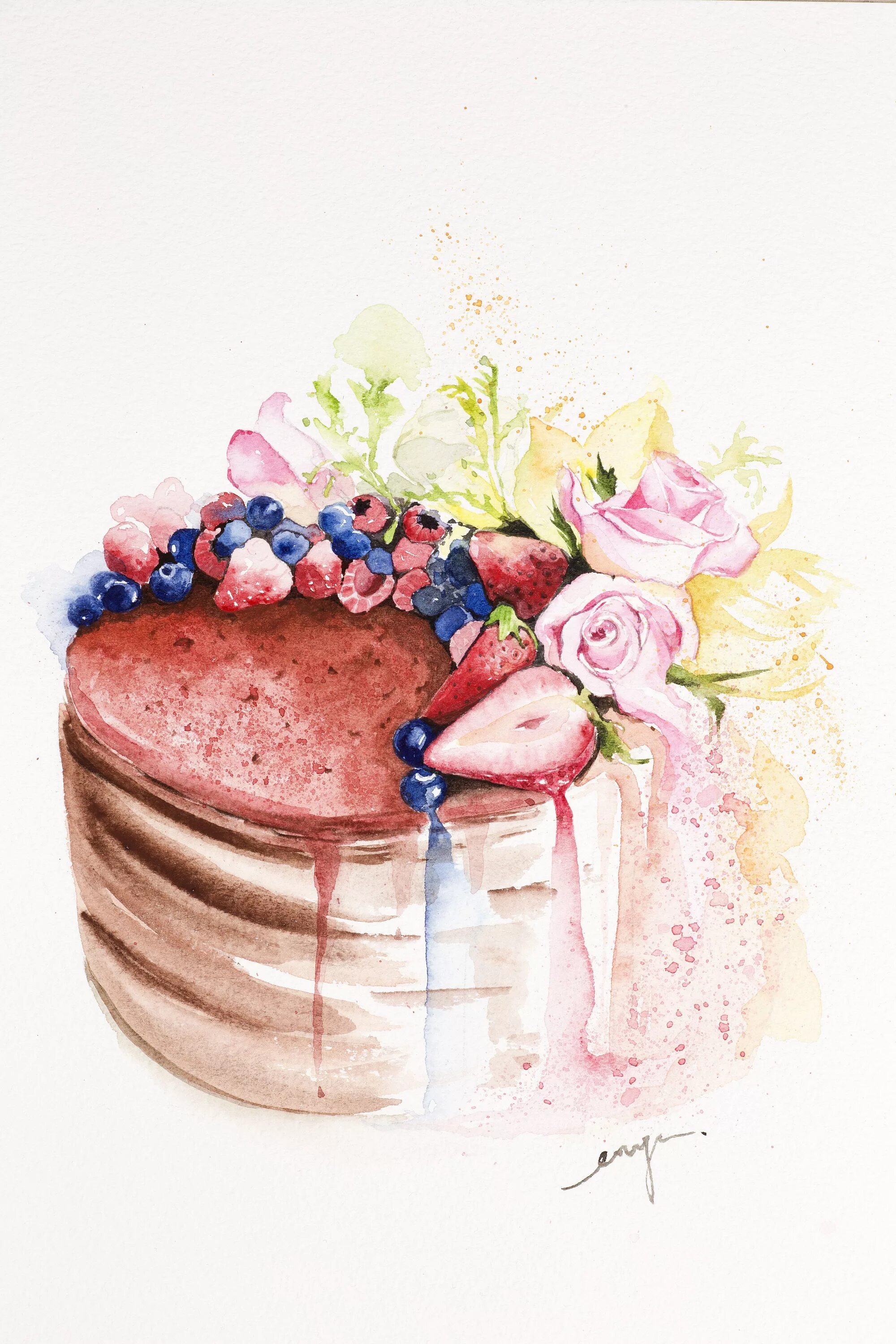 Картинка с днем рождения акварель женщине Chocolate forest cake commissioned by Indonesia cake designer Maura Cake illustr