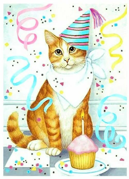 Картинка с днем рождения с котом Birthday Cat By Artist Stephanie Stouffer Happy birthday cat, Cat birthday, Happ