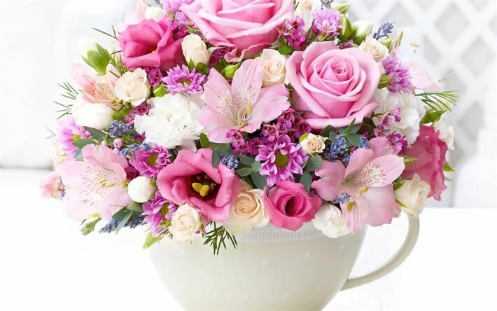 Картинка с днем рождения цветы скачать бесплатно Download wallpapers bouquet of flowers, pink roses, roses, alstroemeria, eustoma