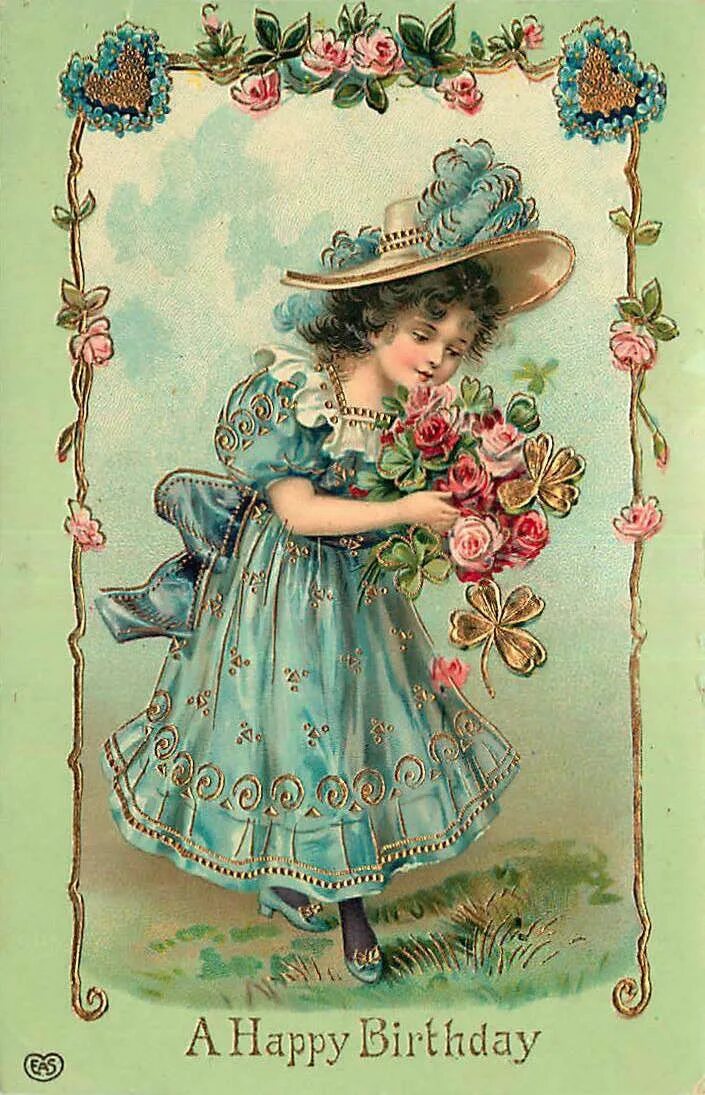 Картинка с днем рождения женщине ретро Postcard A Happy Birthday with Flowers Birthday Embossed Art Print * £ 19.57 Vin