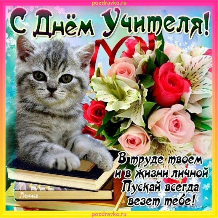 Картинка с днем учителя прикольная подруге Картинка с Днем Учителя с котиком и цветами. Скачать бесплатно или отправить кар
