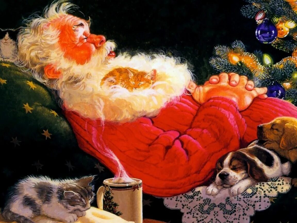 Картинка спокойной ночи новый год Sleeping Santa 1152 x 864 Wallpaper Images de noel anciennes, Papa noel, Pere no