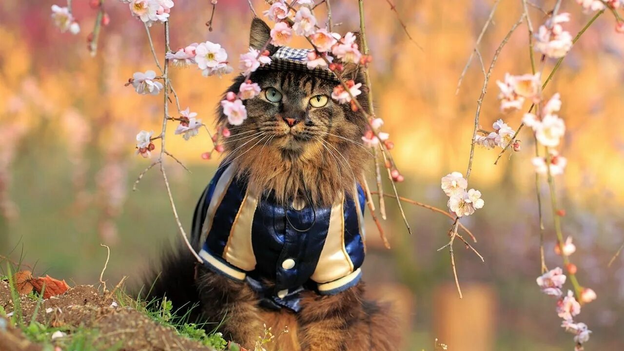 Картинка весна позитивная Wallpaper cat, furry, costume, branches, trees, flowers hd, picture, image