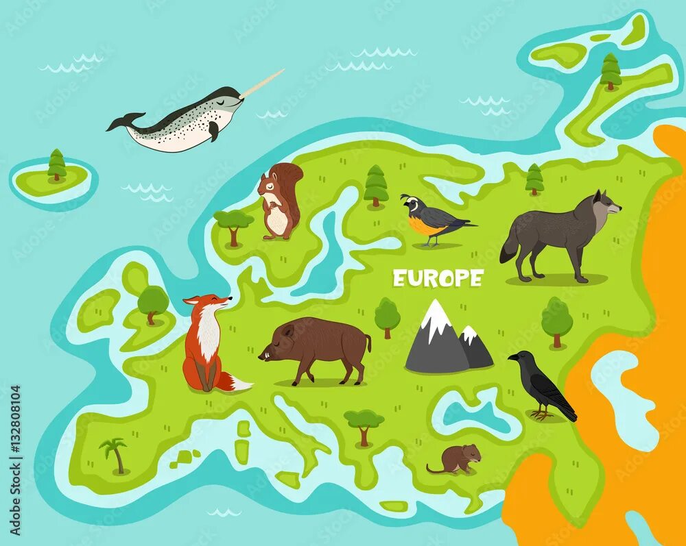 Картинка животного карта European map with wildlife animals vector illustration. European flora and fauna