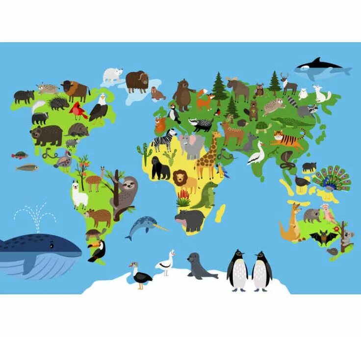 Картинка животного карта Minimalistic world map animal wall mural Map wall mural, Wall murals, Kids wall 