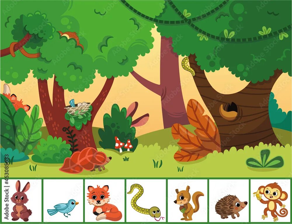Картинка животные спрятались Can you find the animals hidden in the forest? Educational game for kids. Vector