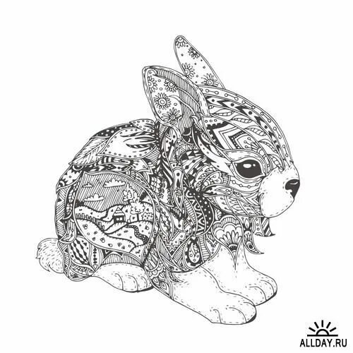 Картинки антистресс животные Ornamental animals in boho style 2 - 25 Eps Bunny coloring pages, Pattern colori