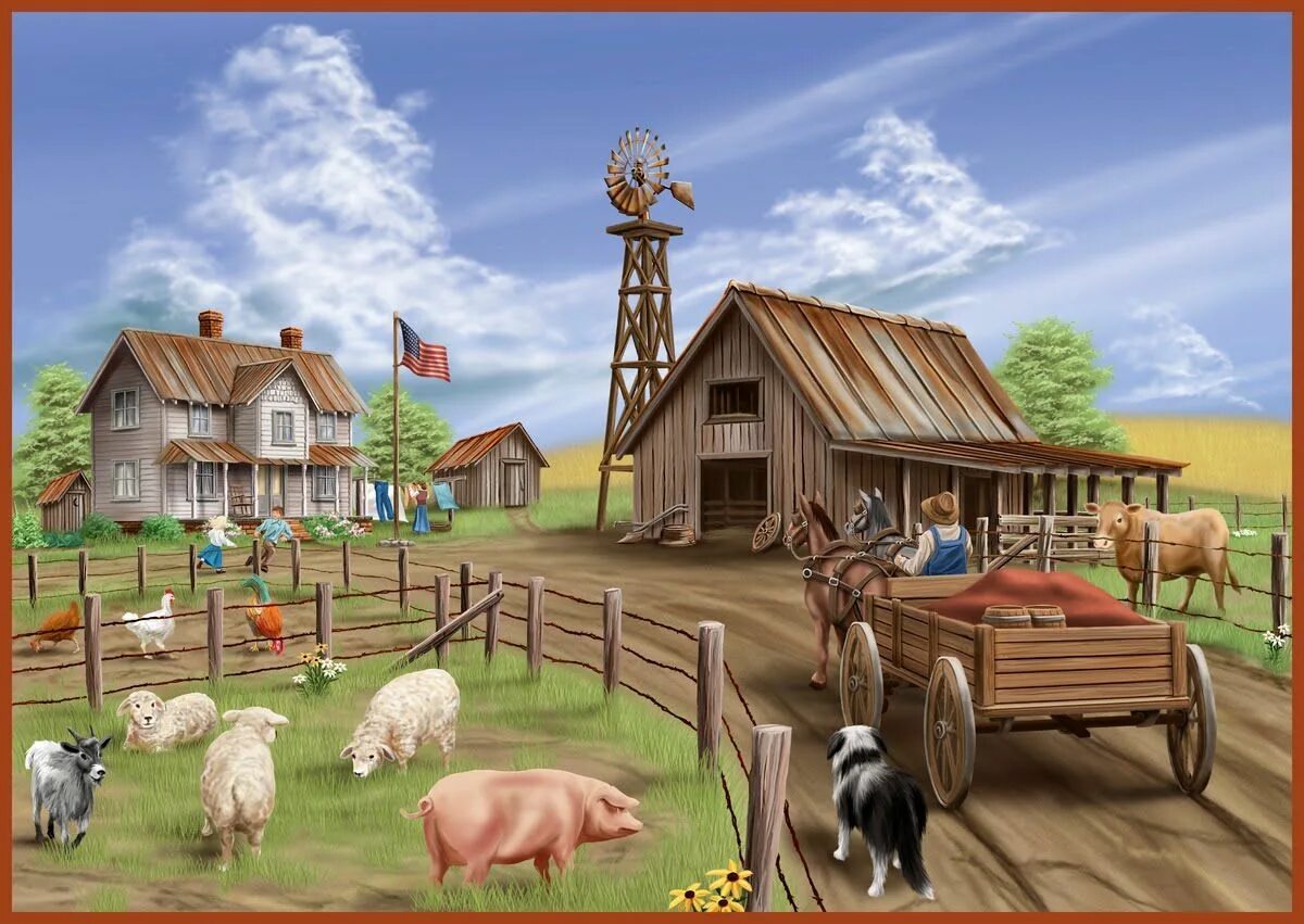 Картинки деревня домашних животных Farm 1890 Farm art, Farm paintings, Farm pictures