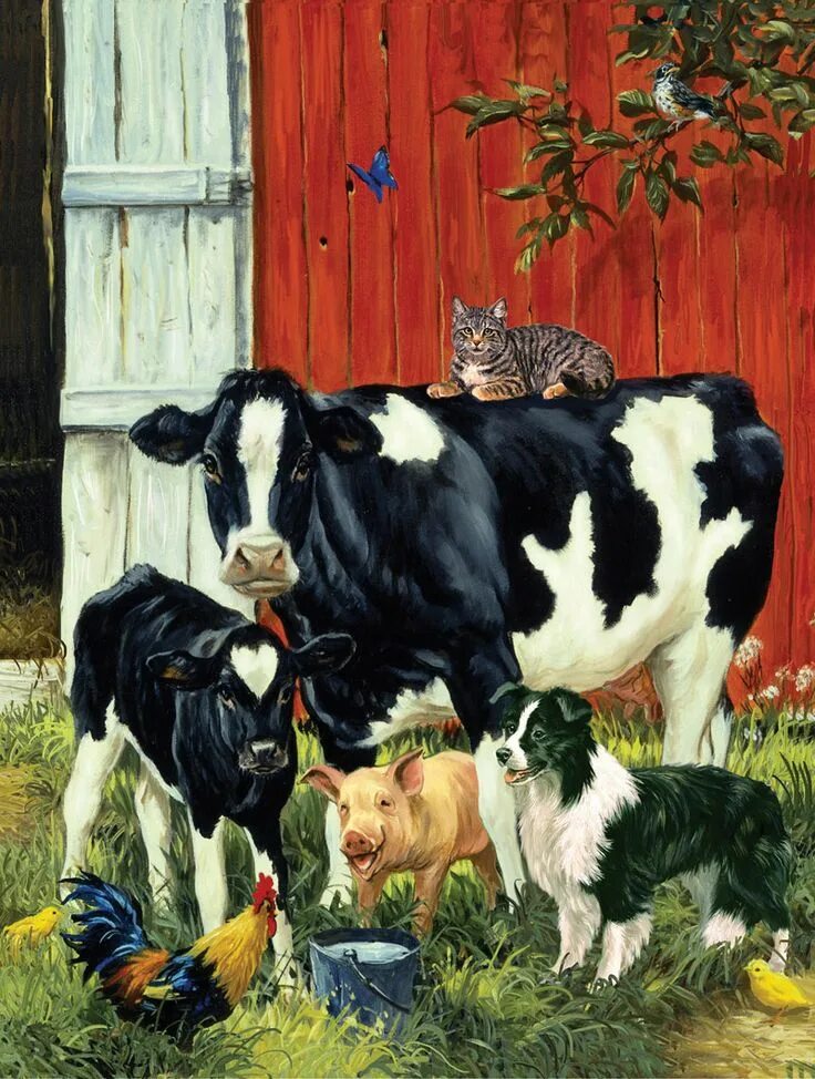 Картинки деревня домашних животных Lunchtime Pals PuzzleWarehouse.com Animal paintings, Cow painting, Farm art