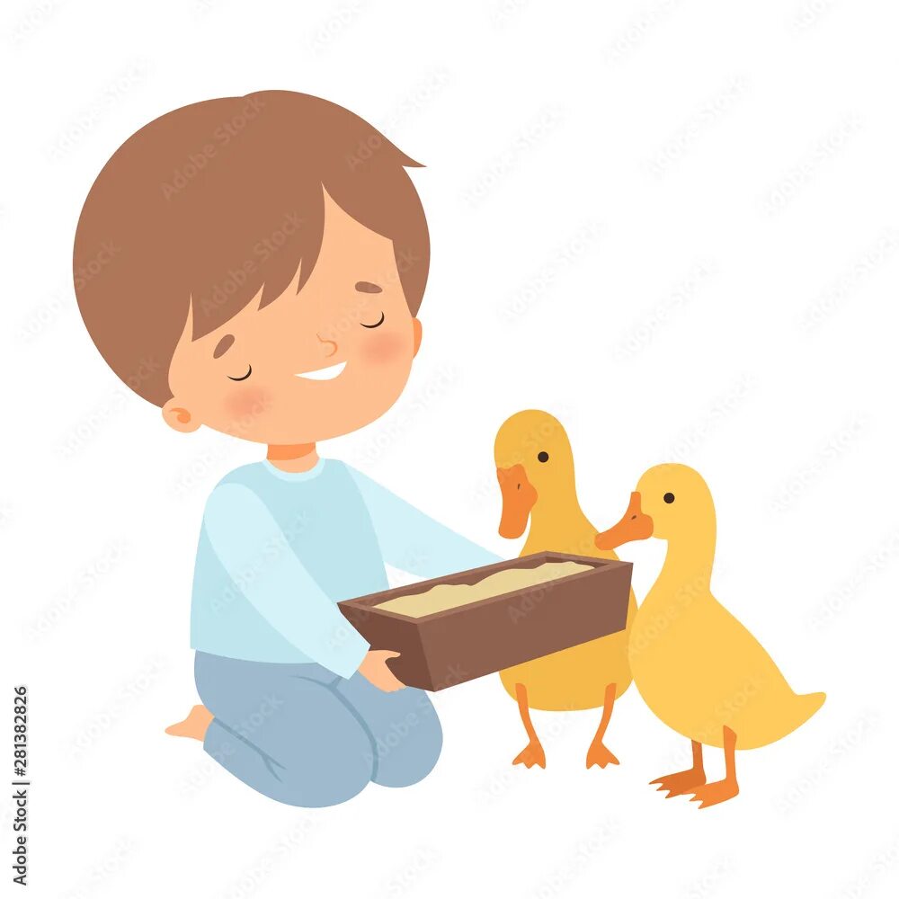 Картинки дети кормят животных Cute Little Boy Feeding Ducklings, Adorable Kid Caring for Animal at Farm Cartoo
