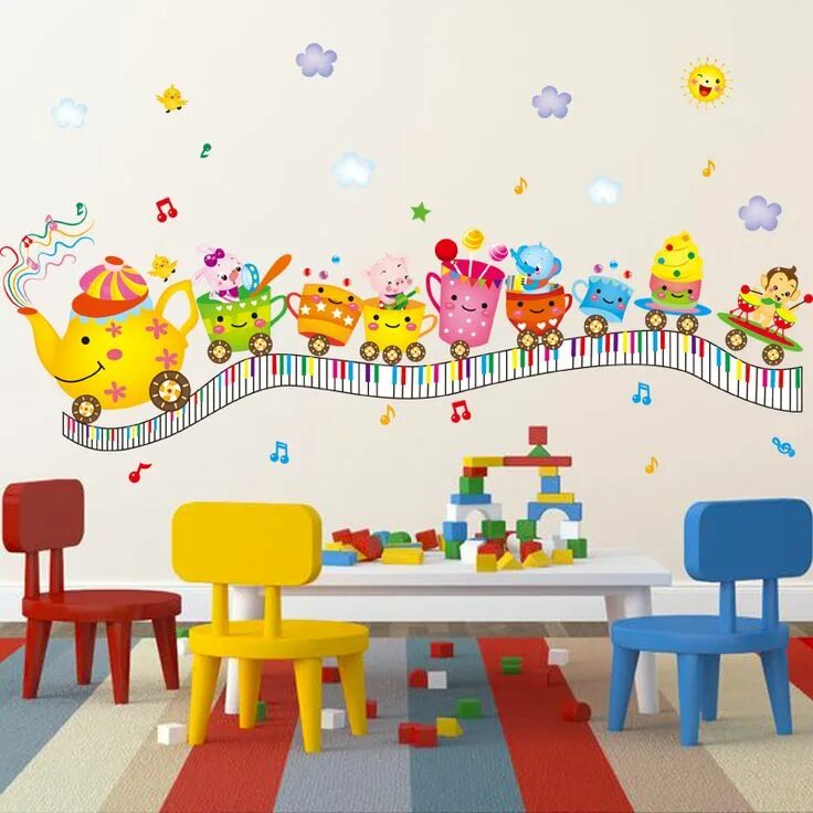 Картинки для детского сада оформление стен группы SHIJUEHEZI Creative Cups Train Wall Stickers Cartoon Style Waterproof DIY Mural 