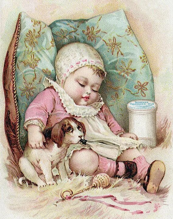 Картинки доброй ночи старинные с пожеланиями Sleeping Baby Card Dog Steals Milk Repro Greeting Card - Etsy Vintage cards, Vin