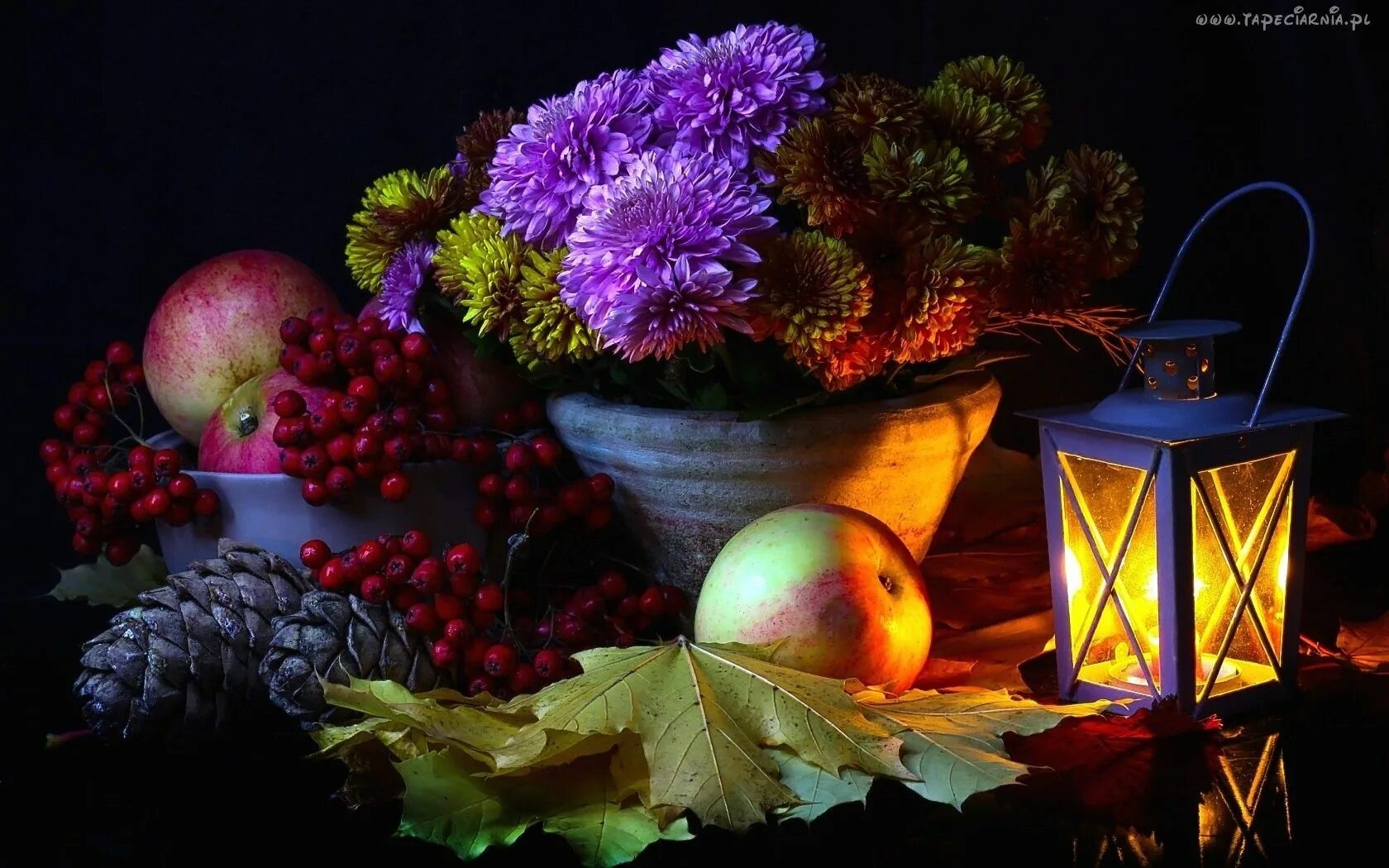 Картинки добрый вечер осенний мотив Kompozycja, Lampion, Astry, Jabłka, Liście, Jarzębina, Szyszki Apple flowers, Le