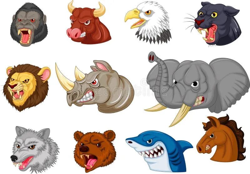 Картинки голов животных Cartoon Angry Animals Head Collection Set Stock Vector - Illustration of eagle, 