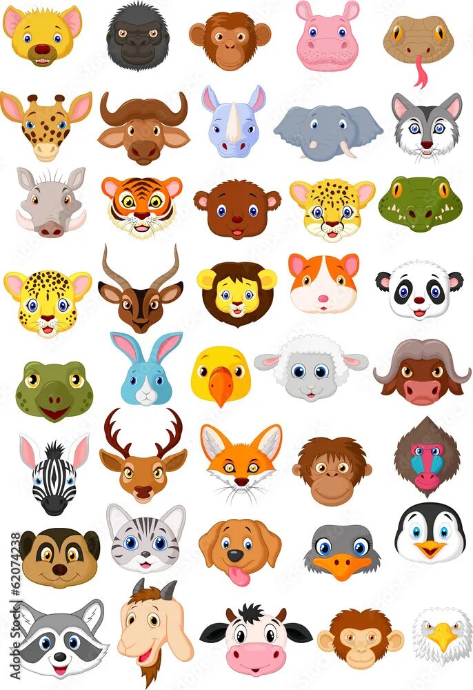 Картинки голов животных Cartoon animal head collection set Векторный объект Stock Adobe Stock