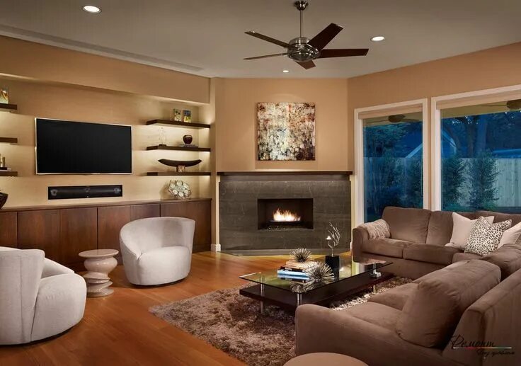 Картинки интерьера гостиной угловые камины фото Фото интерьеров Contemporary family rooms, Living room with 