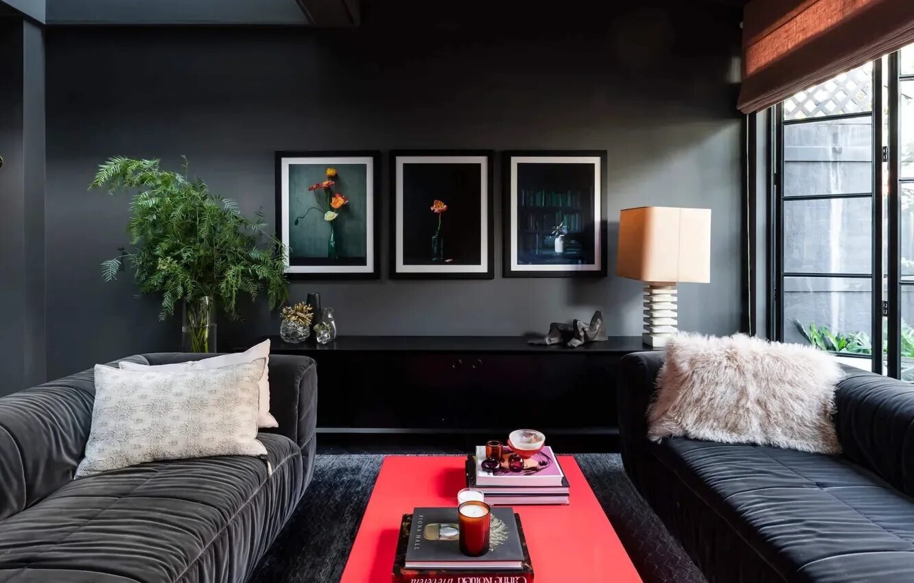 Картинки интерьера комнаты Wallpaper design, style, room, plant, interior, pictures, living room, black col