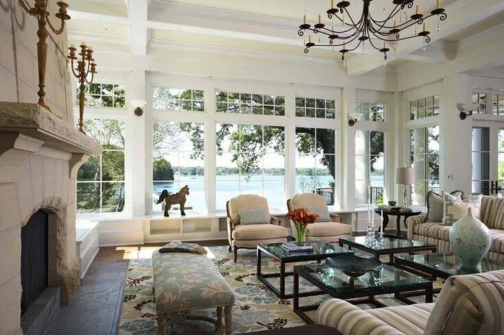 Картинки интерьеров частного дома Charming shingle-style cottage sits on a knoll above Lake Minnetonka Living room