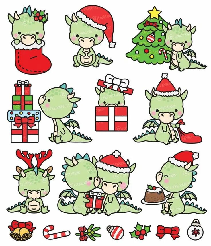 Картинки к новому году рисунок маленьким Premium Vector Clipart Kawaii Christmas Dragons Cute Christmas Dragons Clipart S