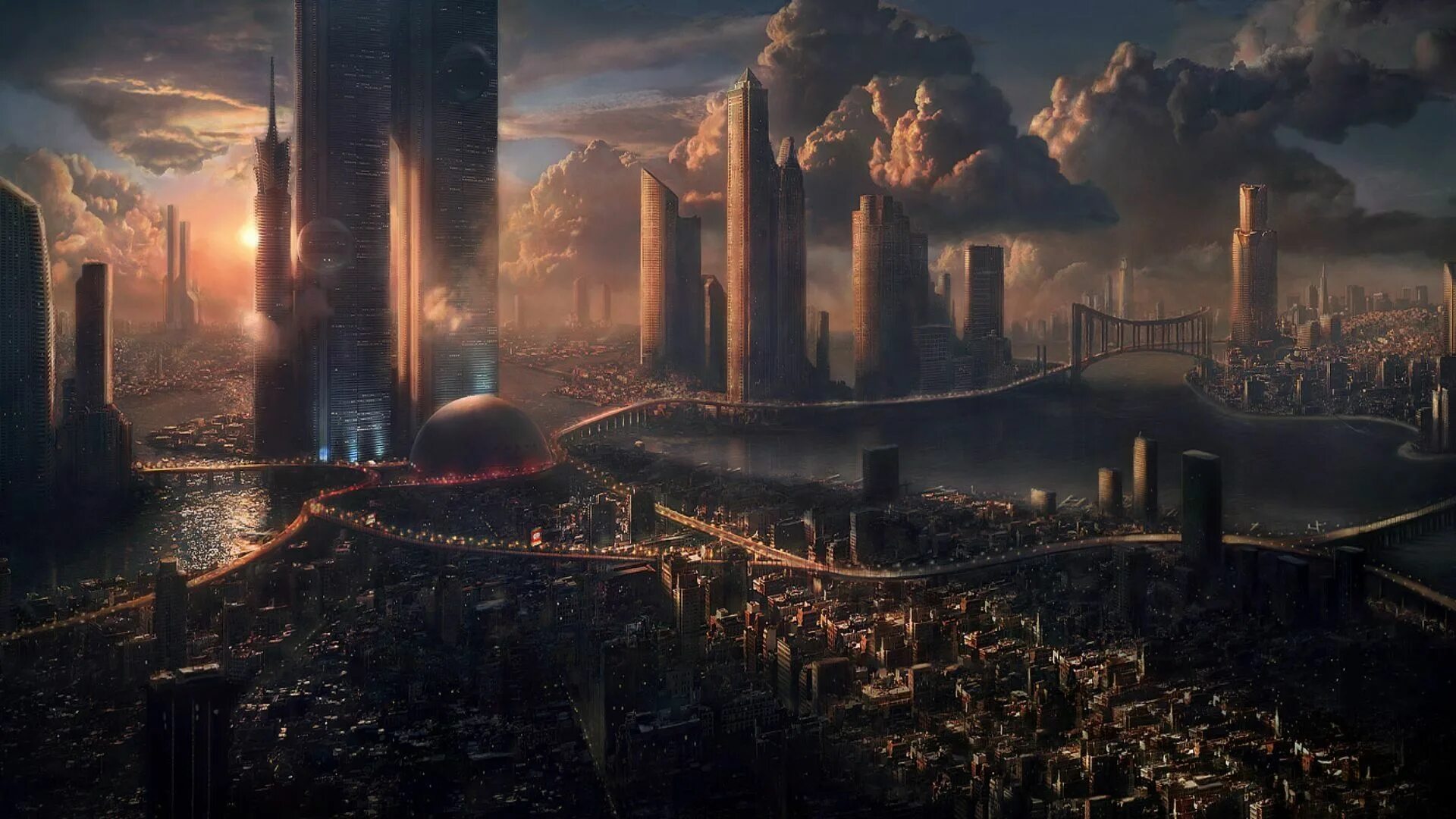 Картинки как выглядит город Science-Fiction Großstadt Towers Science-Fiction Sonnenuntergang Wallpaper Sci f