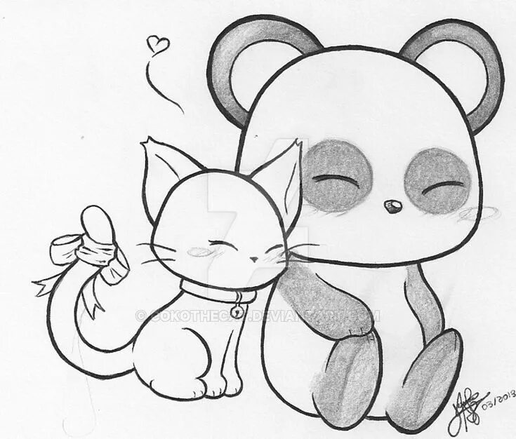 Картинки карандашом для срисовки животные милые Artwork by CokoTheCat (http://cokothecat.deviantart.com/art/Cat-and-Panda-367460