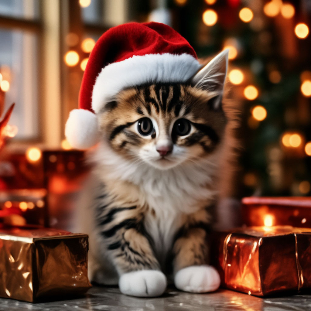 Картинки котиков новый год "A New Year's kitten in a Santa hat at." - image created in Shedevrum