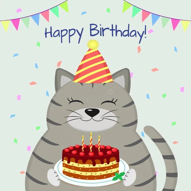 Картинки котиков с днем рождения A Gray Fat Cat in the Cap Sits and Holds a Cake in Its Paws. Happy Birthday Stoc