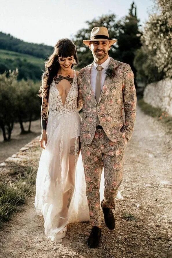 Костюм мужской стиль бохо на свадьбу Sexy See Through Split V Neck Beach Wedding Dresses Beads Tulle Vintage Bridal D