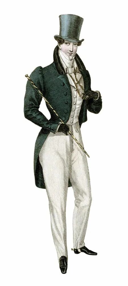 Костюм в стиле ампир мужской Regency men's dress: tailcoat, waistcoat, pantaloons and top hat. Regency fashio