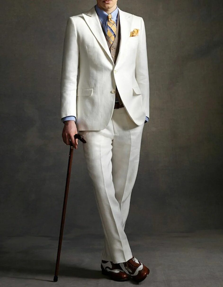 Костюм в стиле великий гэтсби мужской Mens The Great Gatsby Vested Peak Lapel Suit in Ivory with Brown Vest Great gats