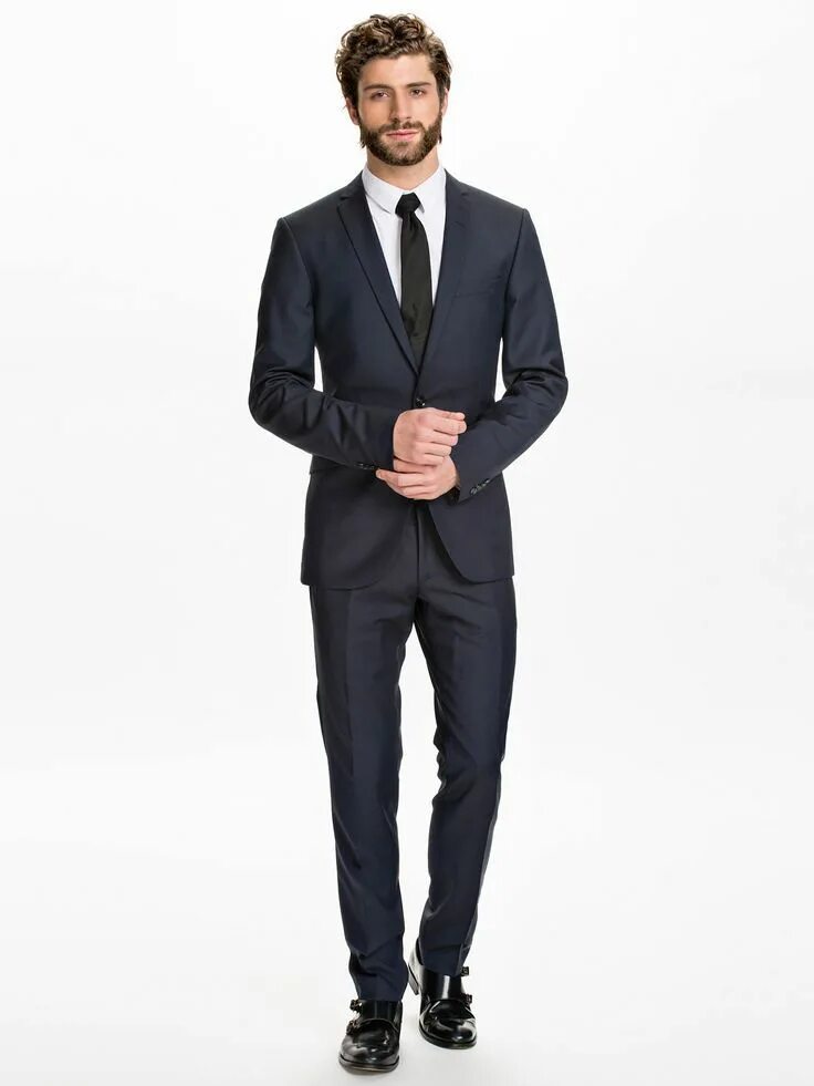 Костюмы средне фото Men's Navy Suit, White Dress Shirt, Black Leather Double Monks, Black Tie Profes
