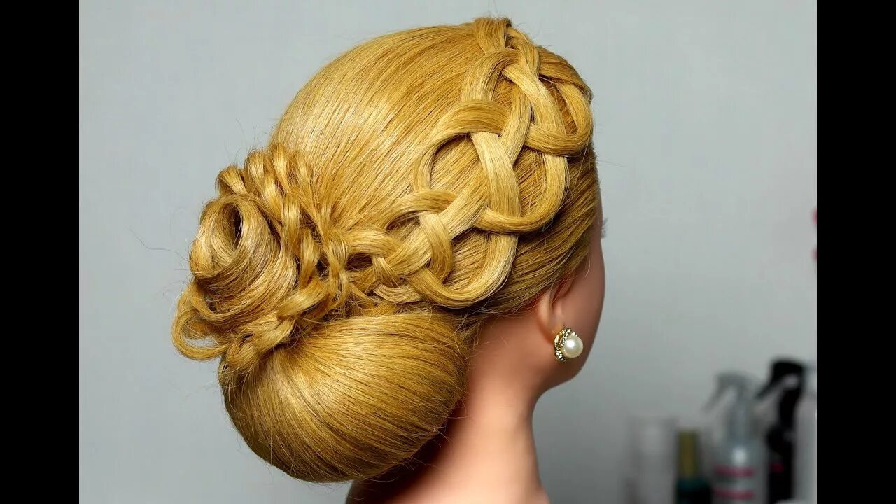 Косы плетение прически фото Wedding prom updo with braided flower. Hairstyle for long hair - YouTube