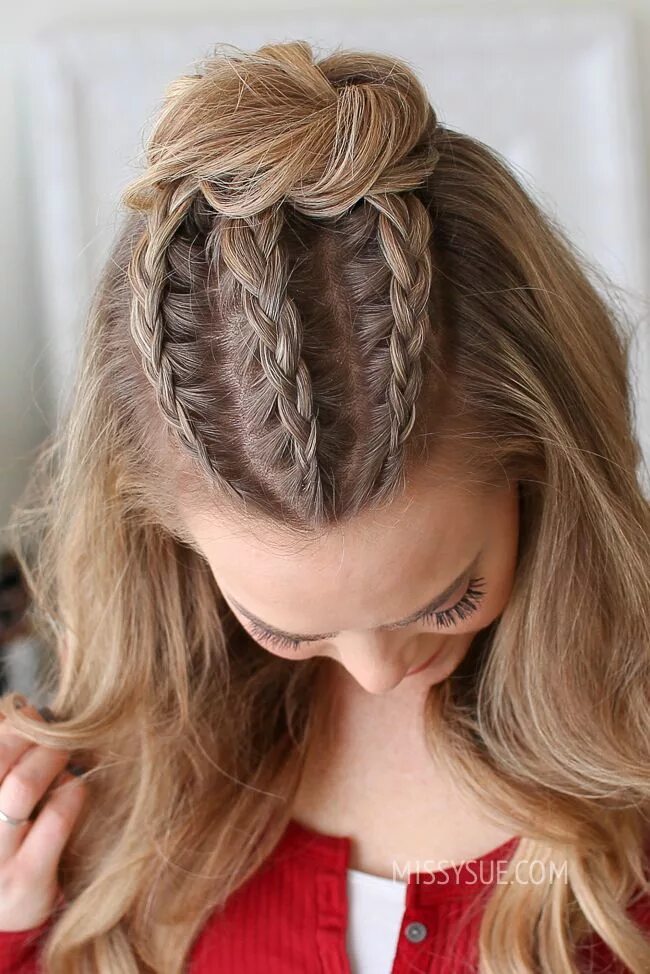 Косы в домашних условиях фото Half Up Triple Braid Mini Bun MISSY SUE Long hair styles, Half pony hairstyles, 